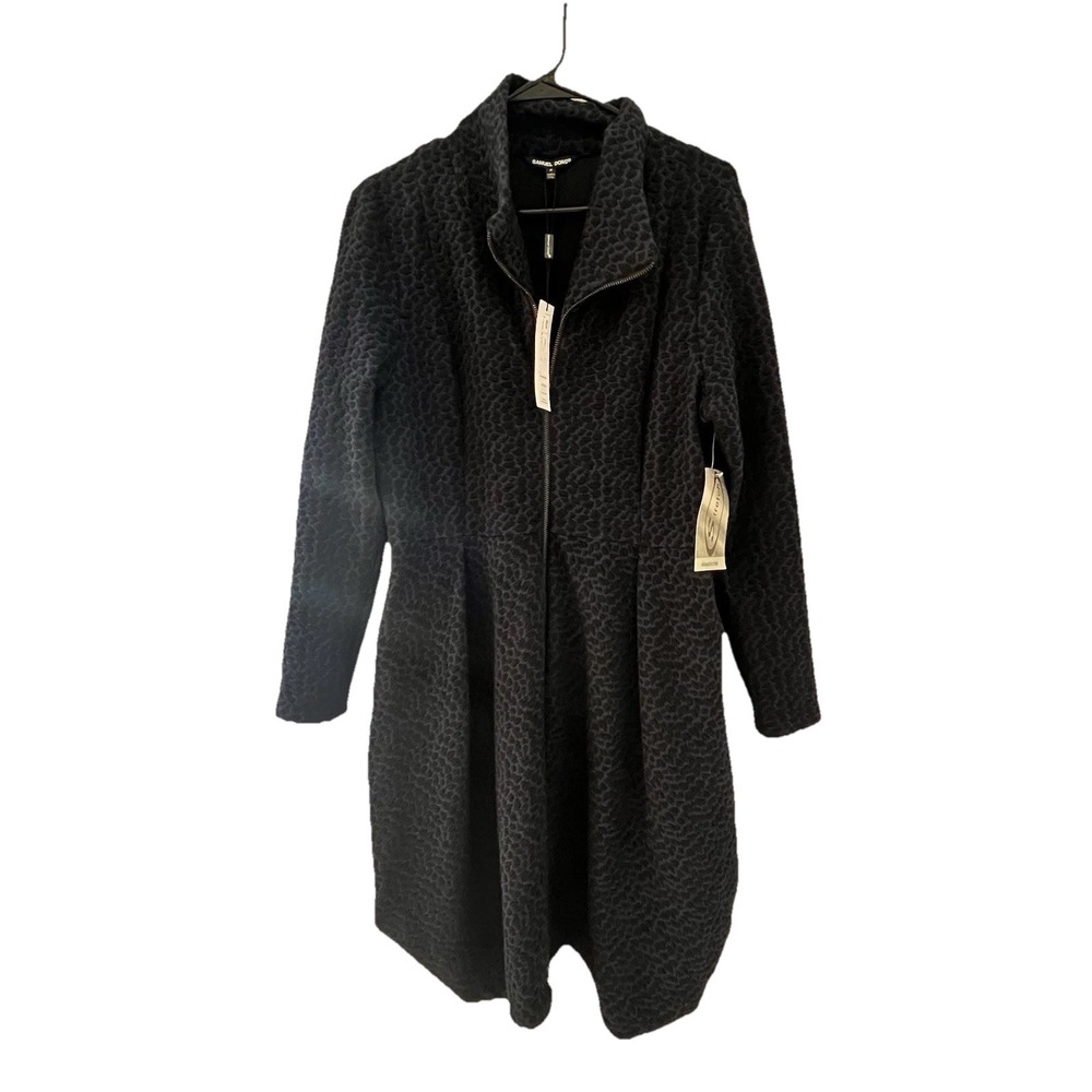 NWT‎ Samuel Dong black navy cheetah print collared long sleeve coat dress Size M